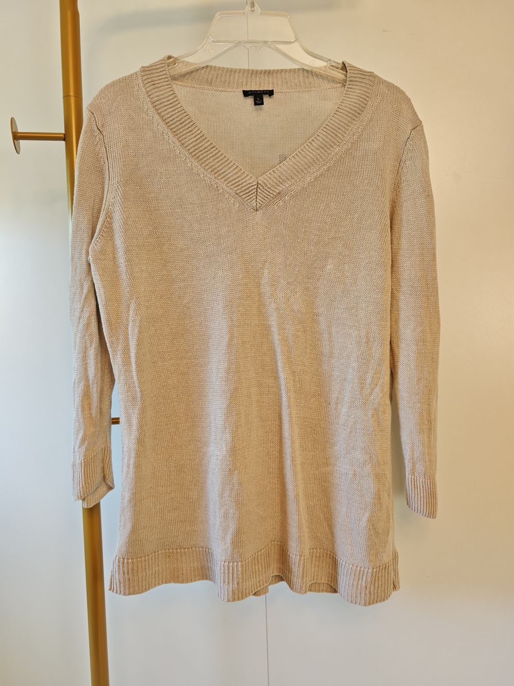 100% Linen Talbots V-Neck Sweater Womens Large Beige Granola Minimalist